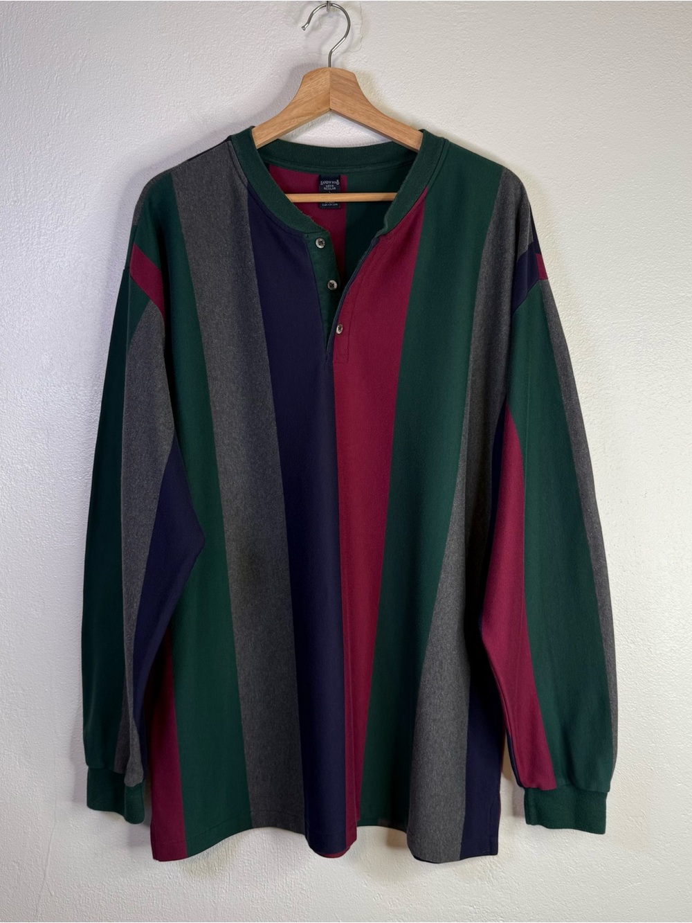 Vintage Lands End Striped Henley Shirt 90s Colorblock Rugby Vertical Men's Large